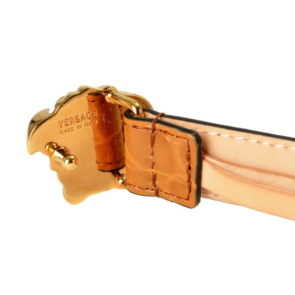 Versace Brown Croc Print 100% Leather Gold Medusa Head Skinny Belt US 22 IT 55 - Picture 5 of 5